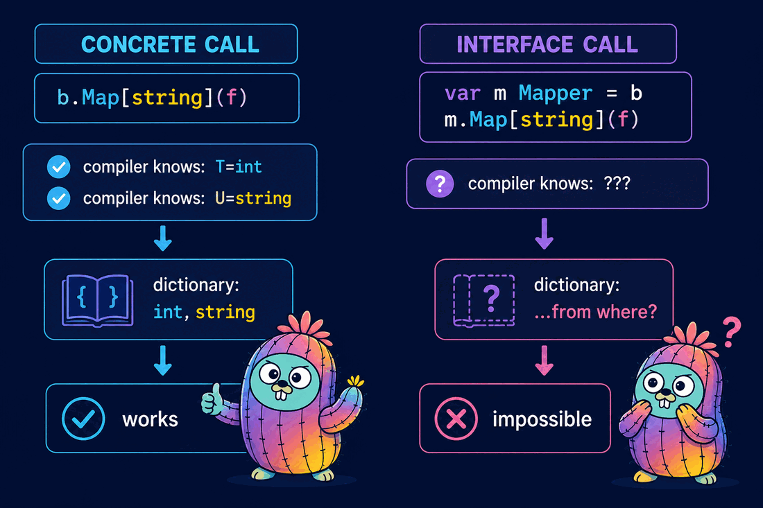 Diagram comparing a concrete call, where the compiler knows T=int and U=string and can build a dictionary, with an interface call where the concrete type is unknown and the dictionary has no source