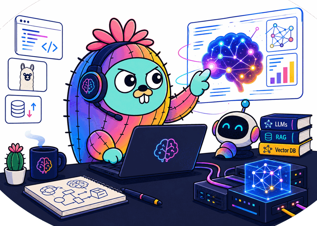 Illustration of the Go gopher at a workstation surrounded by LLM, RAG and vector database references