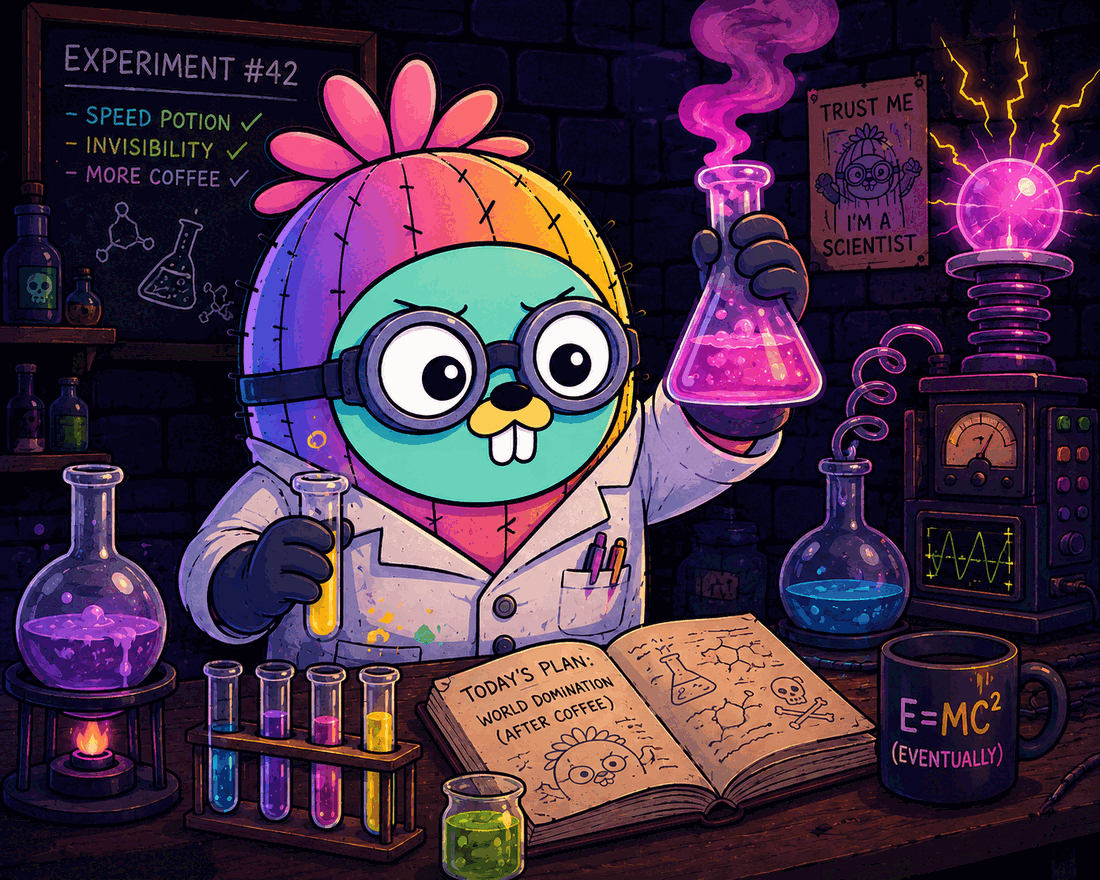 Illustration of the Go gopher as a scientist in a laboratory holding a smoking flask