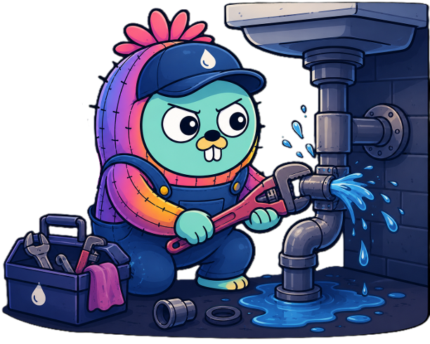 Illustration of the Go gopher as a plumber tightening a leaking pipe with a wrench