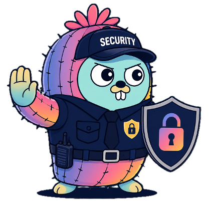 Illustration of the Go gopher in a security uniform holding a shield with a padlock