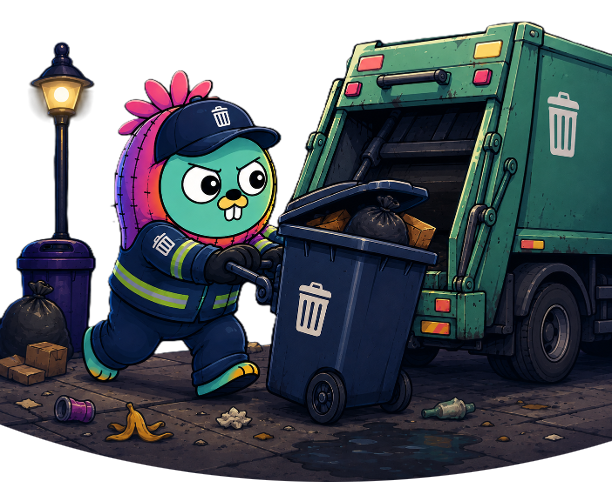 Illustration of the Go gopher as a refuse collector wheeling a bin towards a rubbish truck