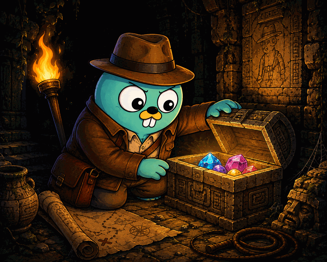 Illustration of the Go gopher dressed as an archaeologist, opening a treasure chest by torchlight